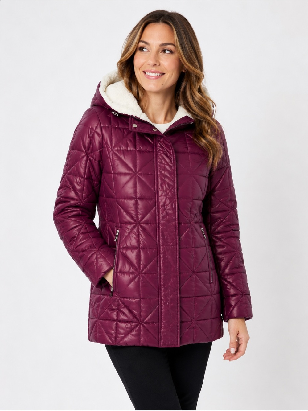 Steve Madden Women's Plum Fleece-
NWT Trim Puffer Quilted Coat Size 1X